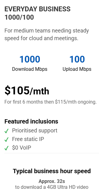 Internet plan details: 1000/100 Mbps, $105/month for 6 months, then $115. Includes support, static IP, and VoIP.