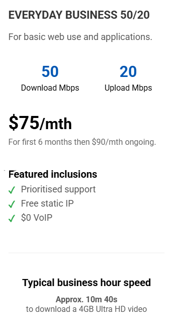 Internet plan details: 50 Mbps download, 20 Mbps upload, $75/month for 6 months then $90, includes prioritized support, static IP, and VoIP.