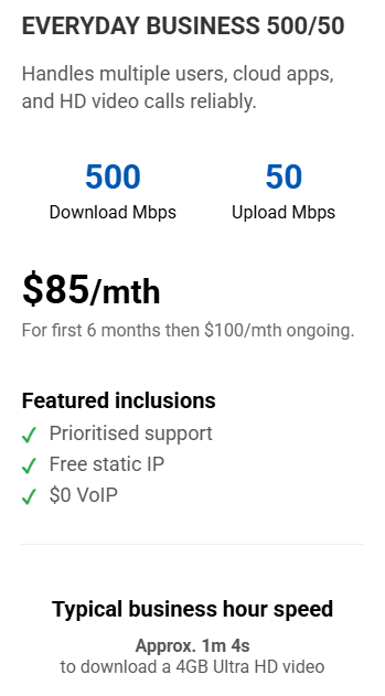 Business internet plan details: 500Mbps download, 50Mbps upload for $85/month (first 6 months), features, and a download speed estimate.