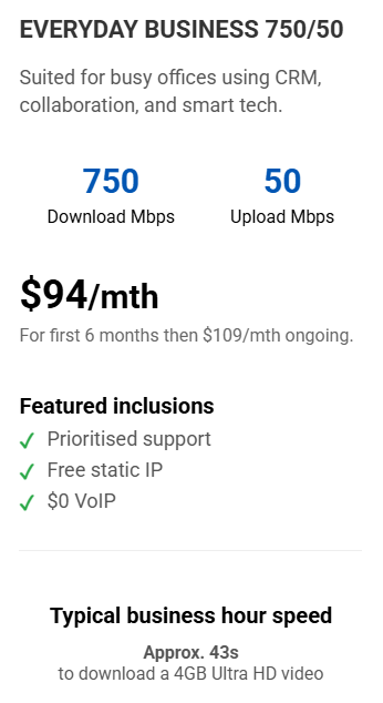 Internet plan details: 750 Mbps download, 50 Mbps upload, $94/month for 6 months, then $109/month, for businesses.