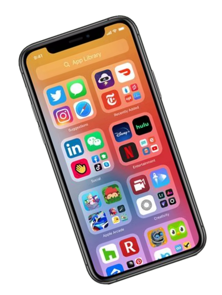 IPhone with colorful app icons displayed on the home screen; App Library visible.