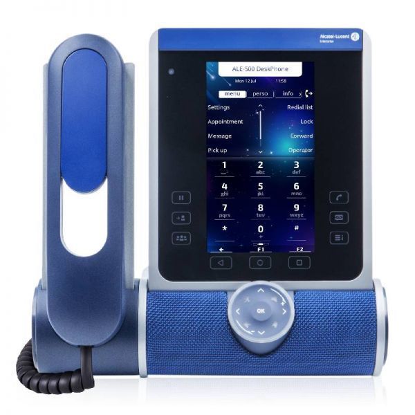 Blue and gray office phone with a screen, handset, and speaker.