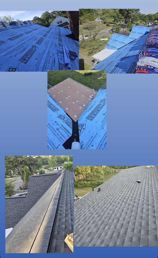 Roofing work with blue underlayment and asphalt shingles on a sloped roof.