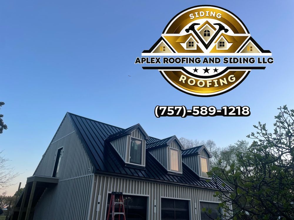 Aplex Roofing and Siding LLC logo over a dark gray house with roof dormers under a blue sky