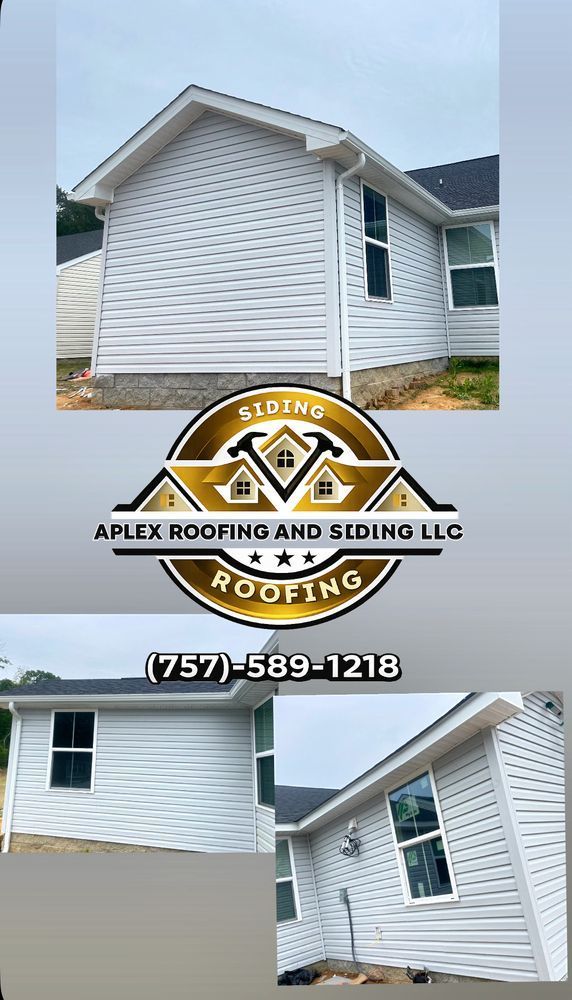 White house siding before-and-after collage with Apex Roofing and Siding LLC logo and phone number 757-589-1218