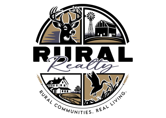 Logo for Rural Realty featuring a deer, barn, farmhouse, and bird, with the company name and tagline