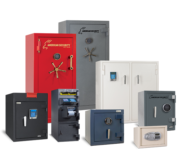 A Group of Safes Are Sitting Next to Each Other on A White Background. A Group of Safes Are Sitting Next to Each Other on A White Background.