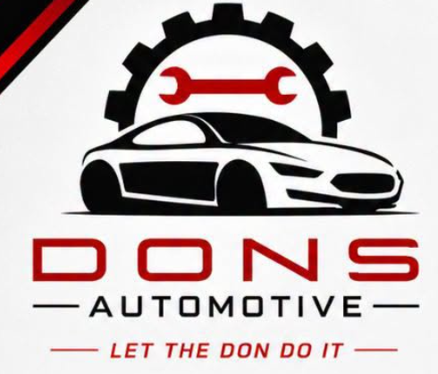 DONS Automotive logo with black sports car, red gear and wrench, and slogan “LET THE DON DO IT”