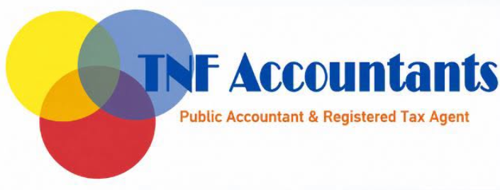 TNF Accountants logo with overlapping yellow, blue, red, and gray circles and orange subtitle text