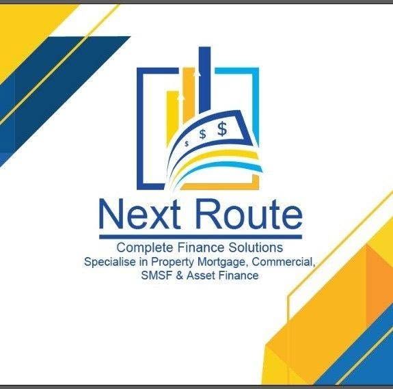 Next Route finance logo with blue and yellow geometric accents and mortgage, commercial, SMSF text