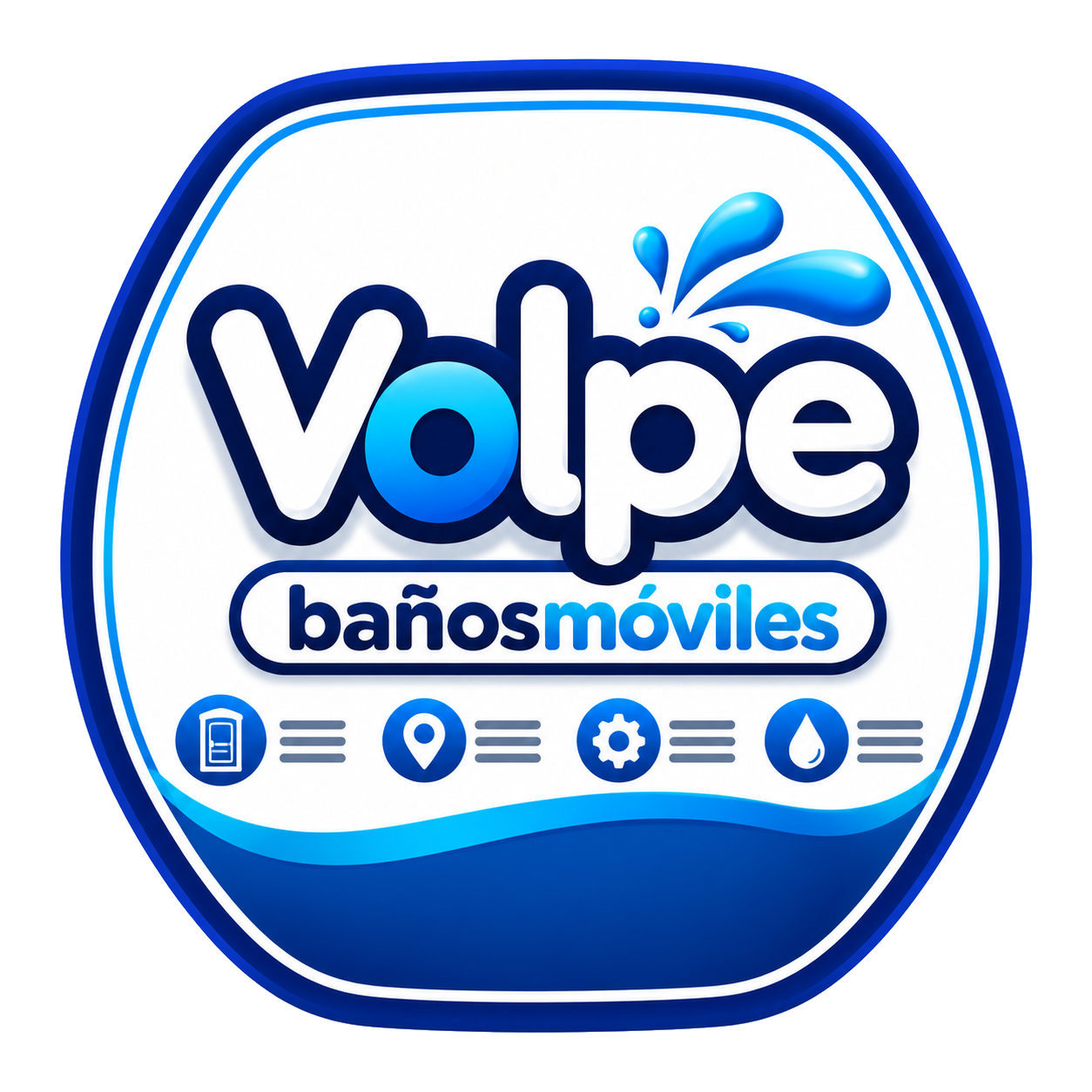 Logotipo azul y blanco de Volpe Baños Móviles con iconos de servicios