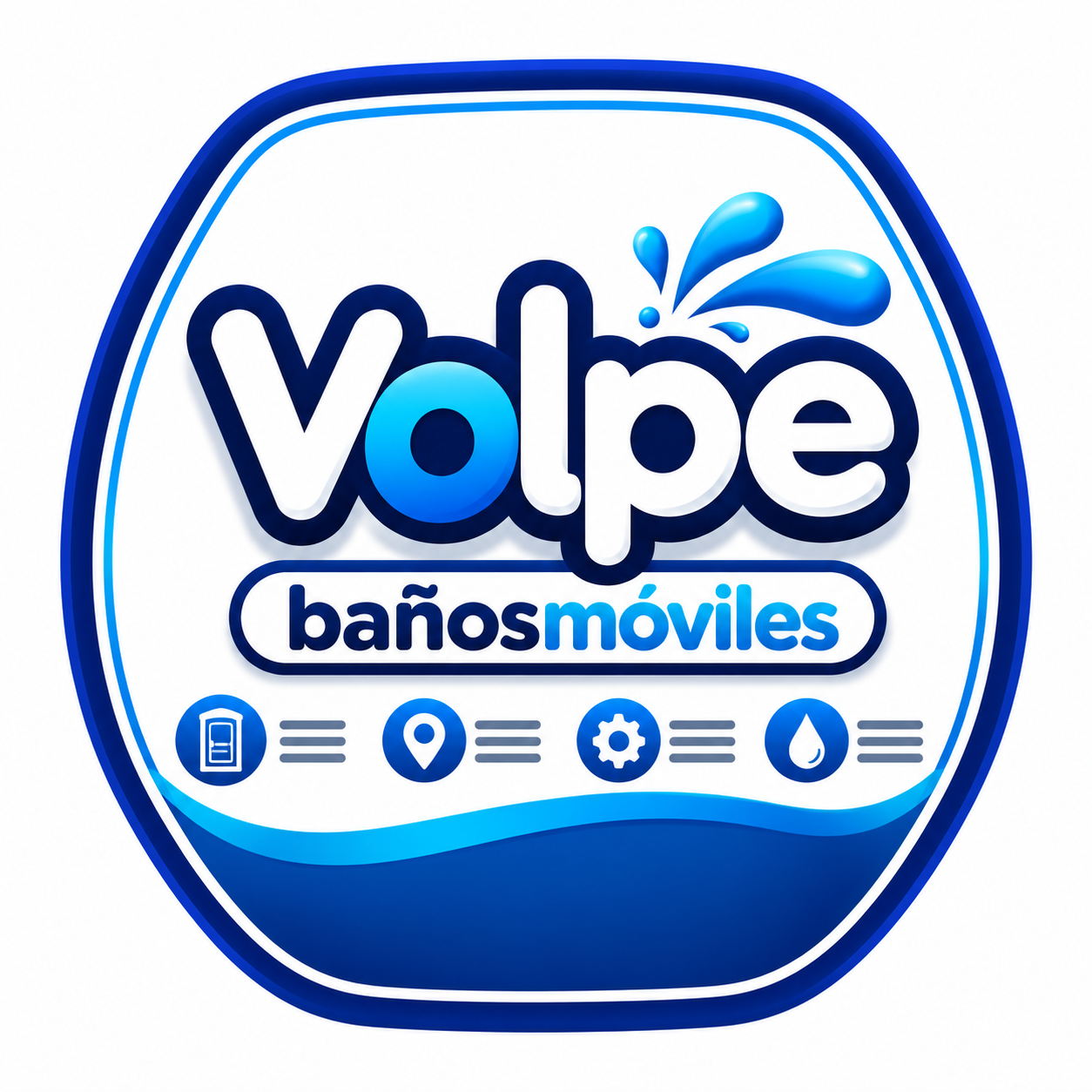 Logotipo de Volpe baños móviles en azul y blanco, con iconos de aseos y servicios