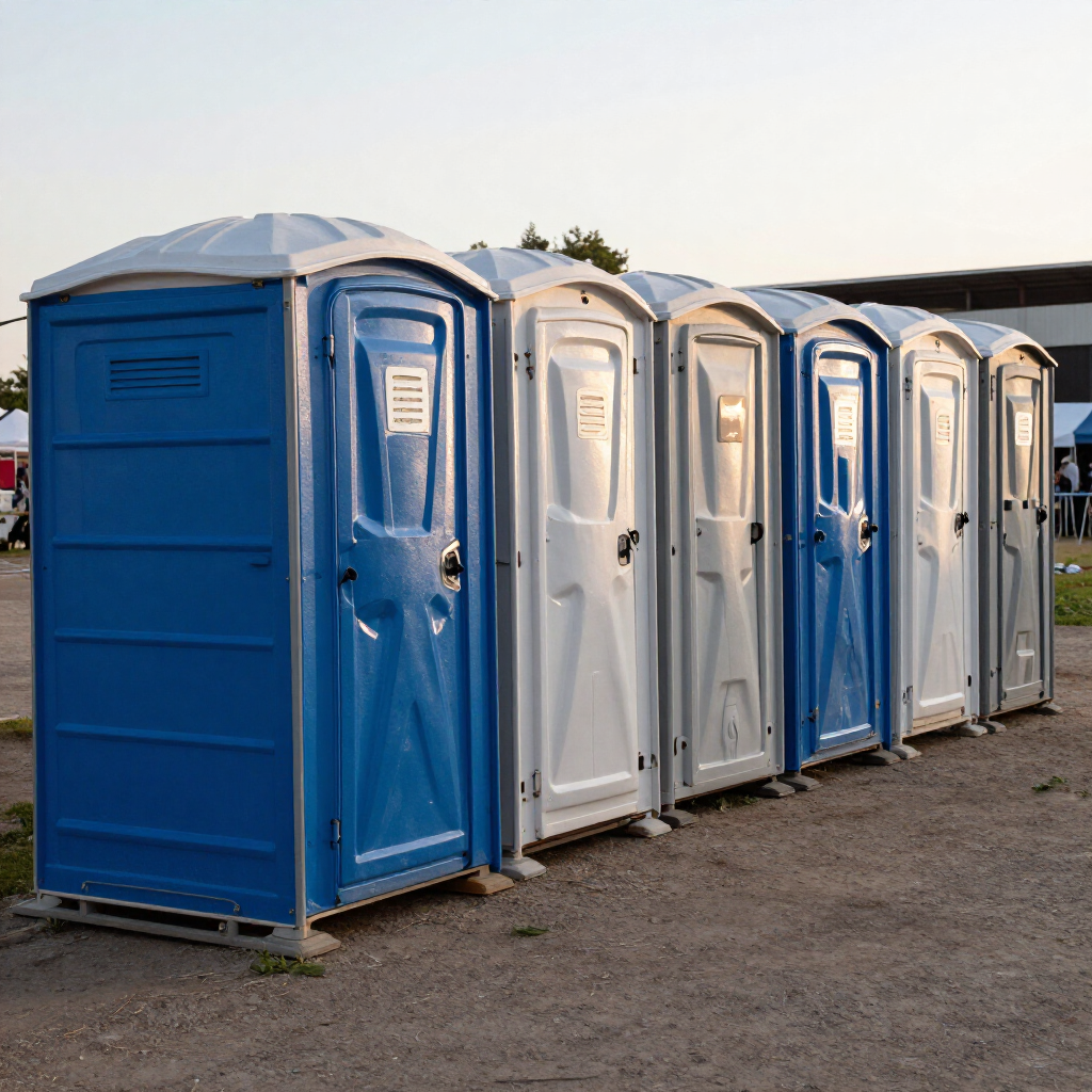 Fila de baños portátiles azules y blancos sobre grava al aire libre