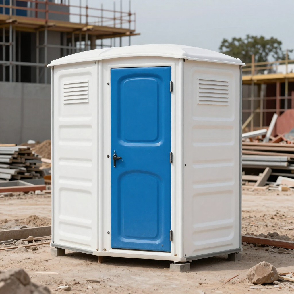Aseo portátil blanco con una puerta azul en una obra
