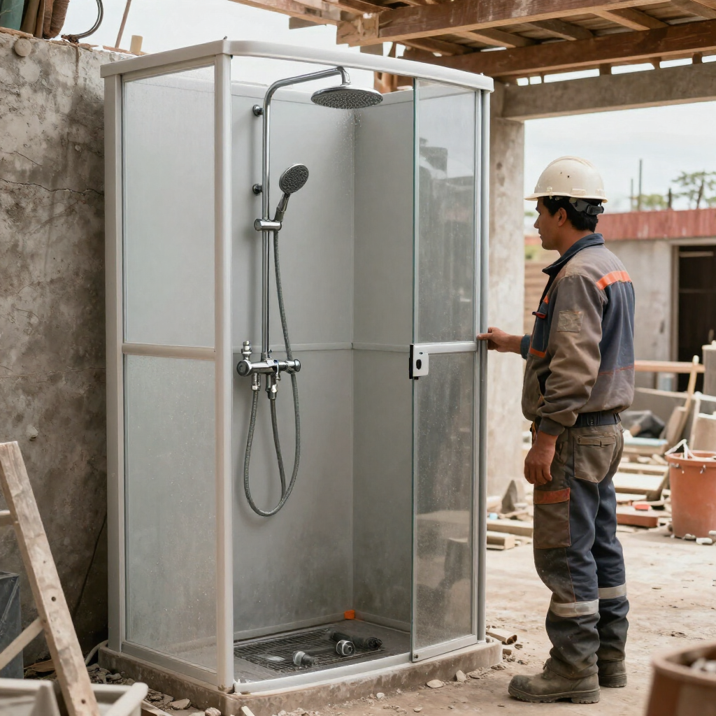 Un trabajador inspecciona una cabina de ducha de vidrio en una obra