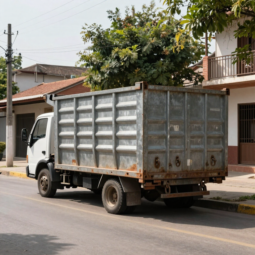 Pequeño camión de carga blanco estacionado en una calle residencial junto a casas y árboles