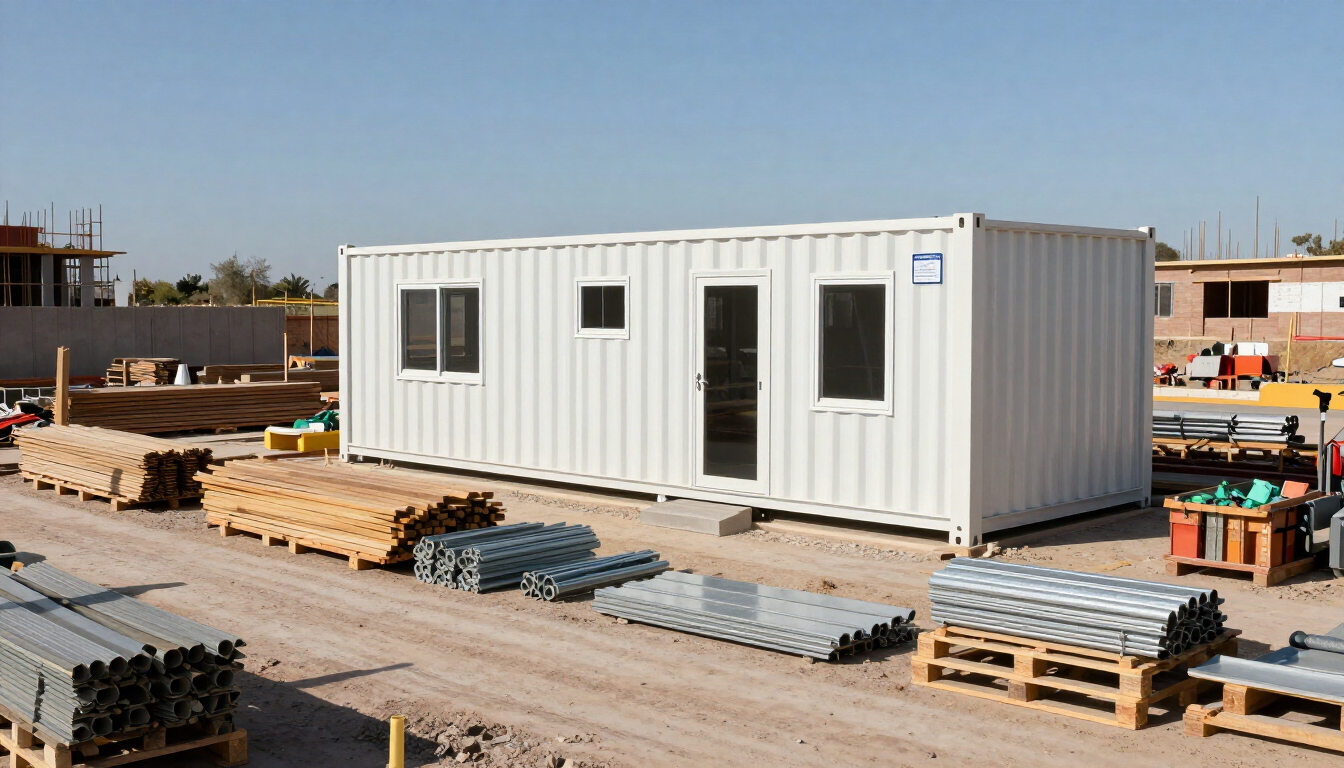 Contenedor de oficina modular portátil blanco en una obra, rodeado de madera y materiales apilados