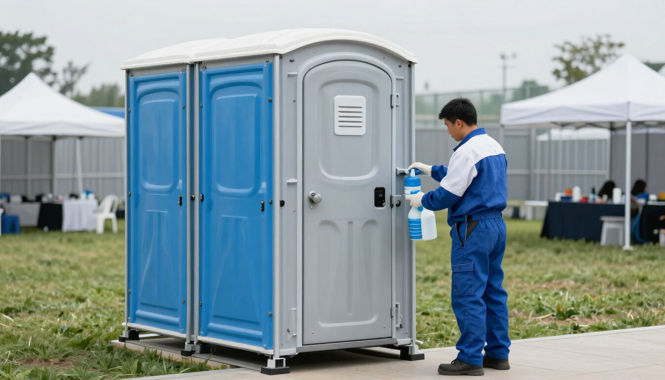 Un trabajador con un mono azul desinfecta un baño portátil en un evento al aire libre