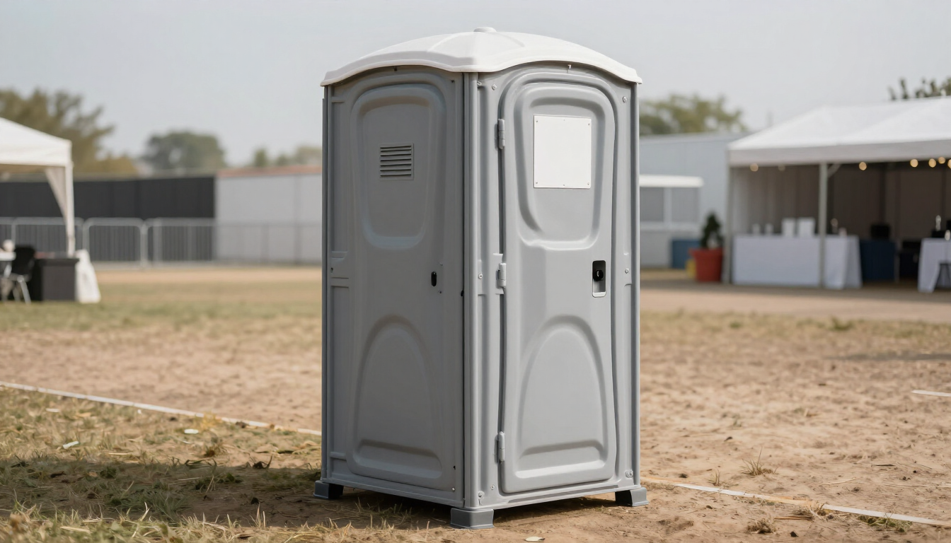 Baño portátil gris sobre el césped en un recinto para eventos al aire libre