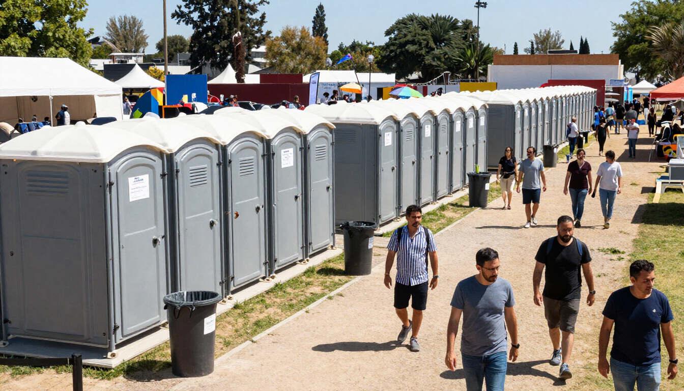 Larga fila de baños portátiles grises en un evento al aire libre, con gente pasando por delante en un día soleado