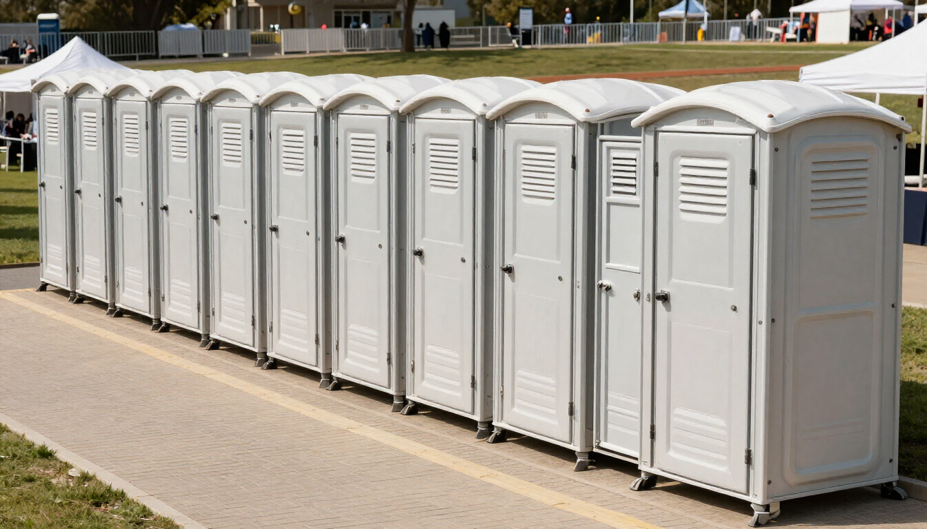 Fila de baños portátiles blancos alineados a lo largo de una acera pavimentada al aire libre.