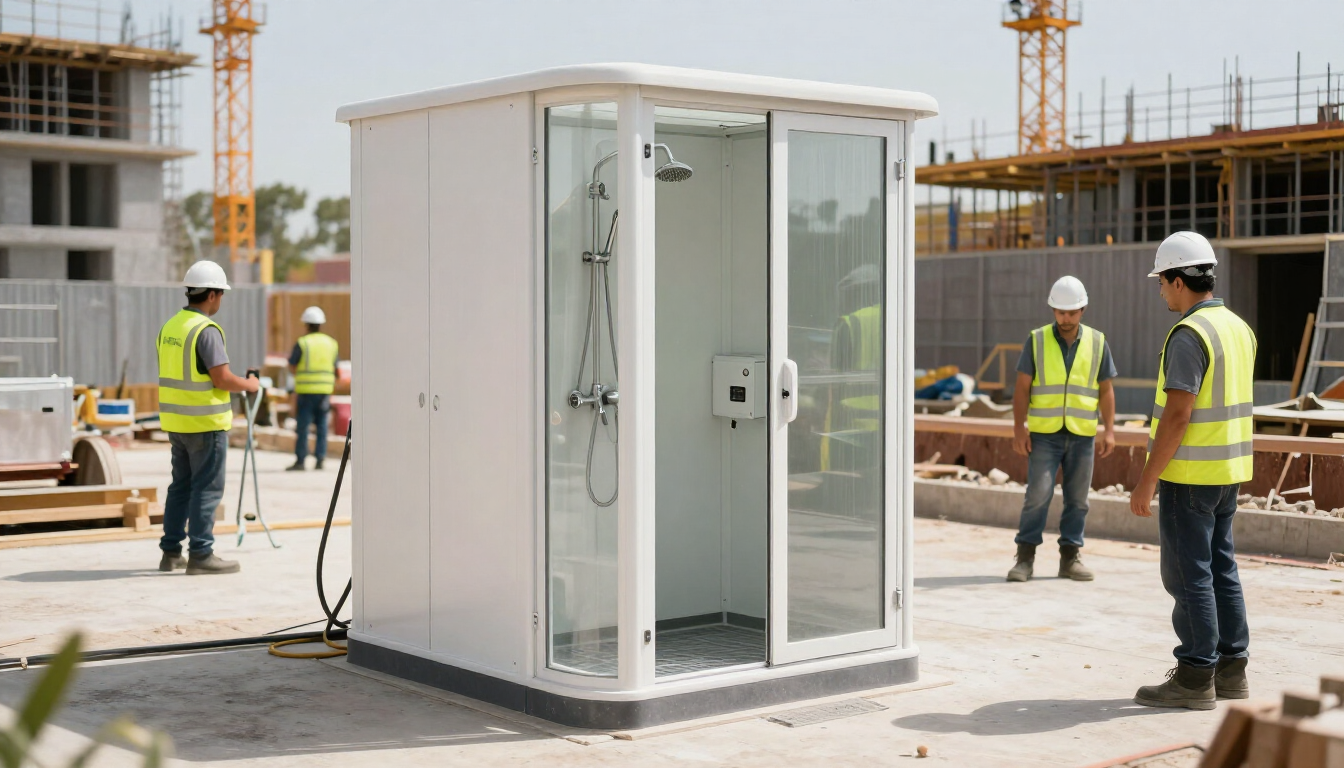Trabajadores con chalecos reflectantes y cascos inspeccionando una oficina portátil en una obra de construcción