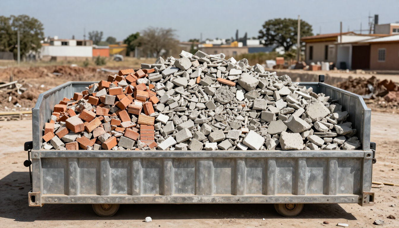 Contenedor de obra cargado de ladrillos rotos y escombros en una obra