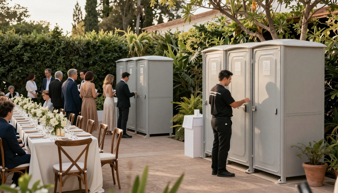 Recepción de boda al aire libre junto a baños portátiles, con un empleado limpiando uno de ellos.
