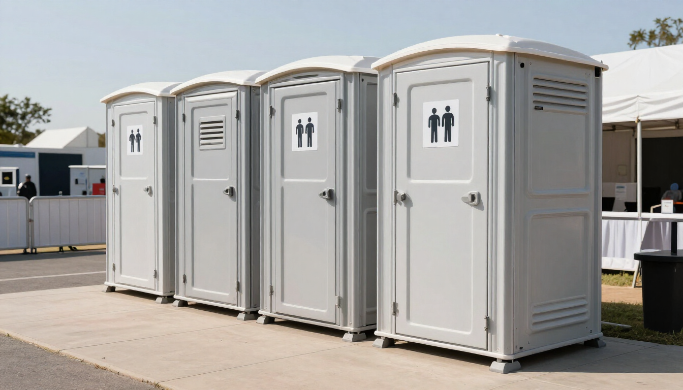 Fila de baños portátiles blancos en una explanada de hormigón al aire libre