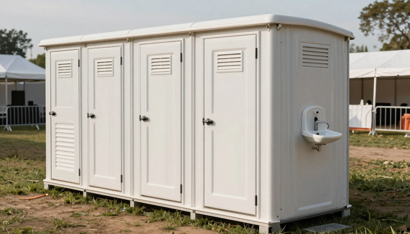 Remolque sanitario portátil blanco, con varias puertas y un lavabo para lavarse las manos, al aire libre en un recinto de eventos con césped