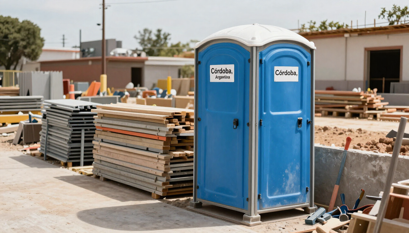 Baño portátil azul en una obra, junto a materiales apilados y escombros, bajo un cielo soleado