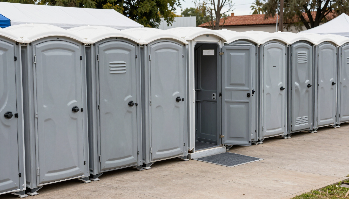 Fila de baños portátiles grises al aire libre, con una puerta abierta en una zona pavimentada.