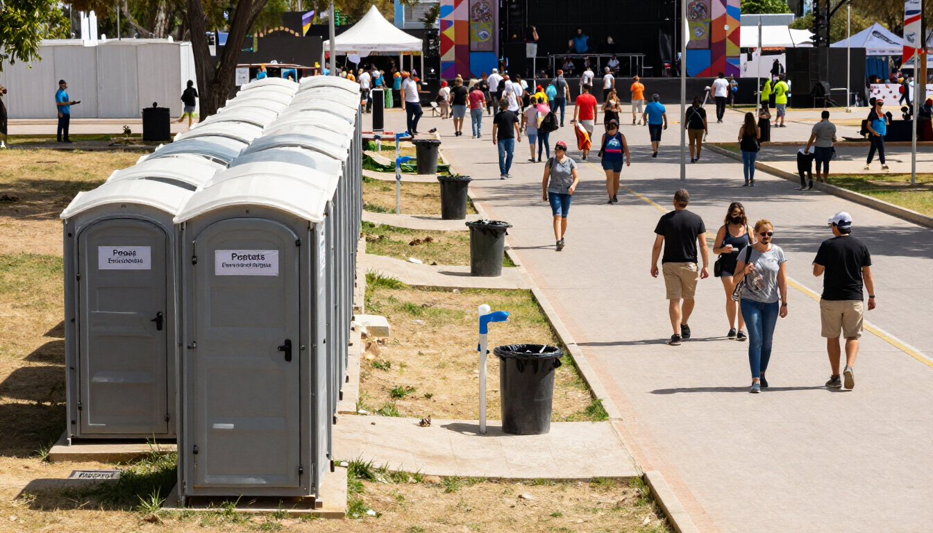 Hay baños portátiles alineados a lo largo de un camino en un festival al aire libre, con gente caminando bajo el sol.