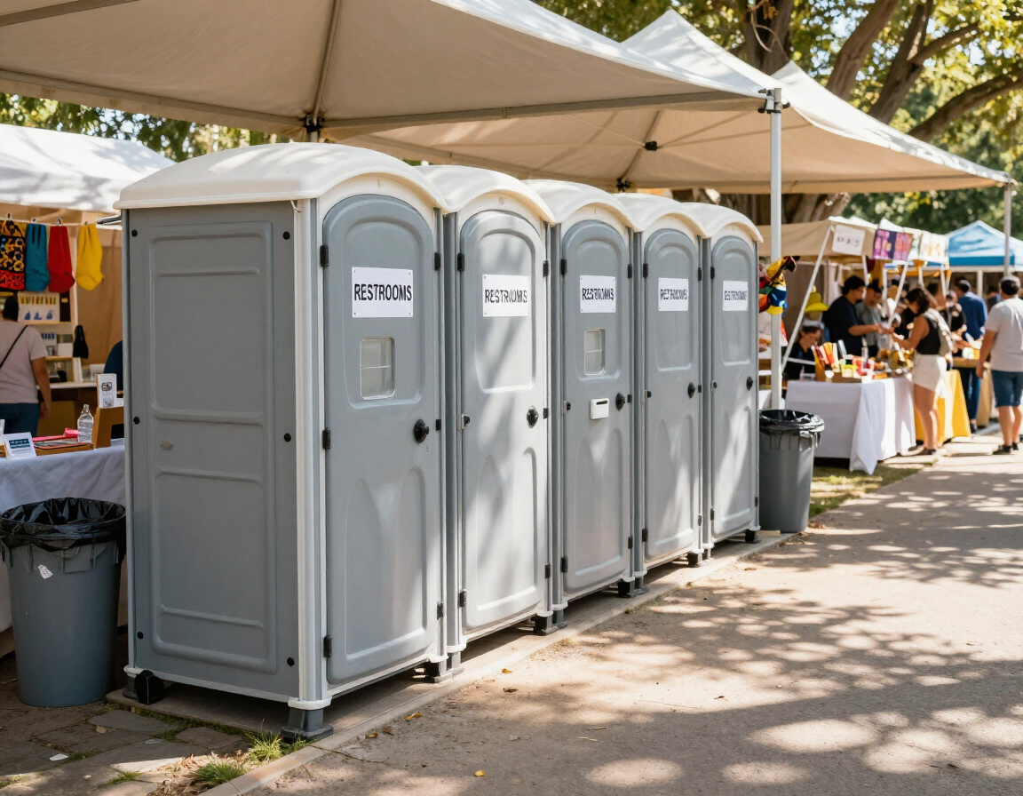 Fila de baños portátiles grises bajo una carpa blanca en un evento al aire libre