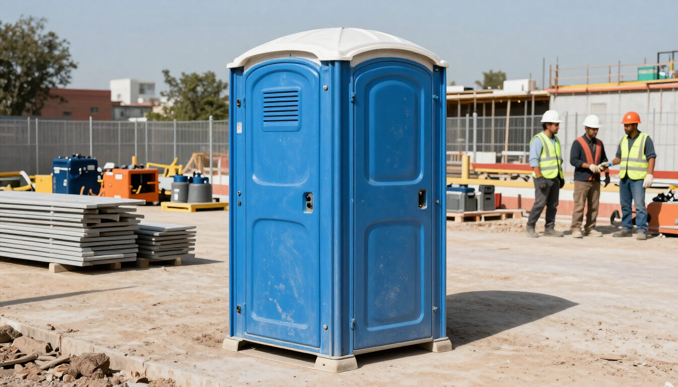 Baño portátil azul en una obra, con trabajadores al fondo