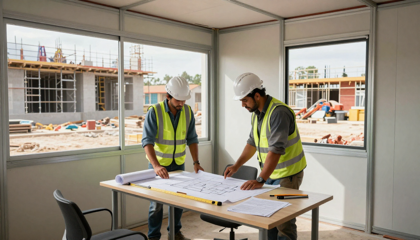 Dos obreros con chalecos de seguridad revisan unos planos en una oficina de obra, con un edificio en construcción en el exterior.