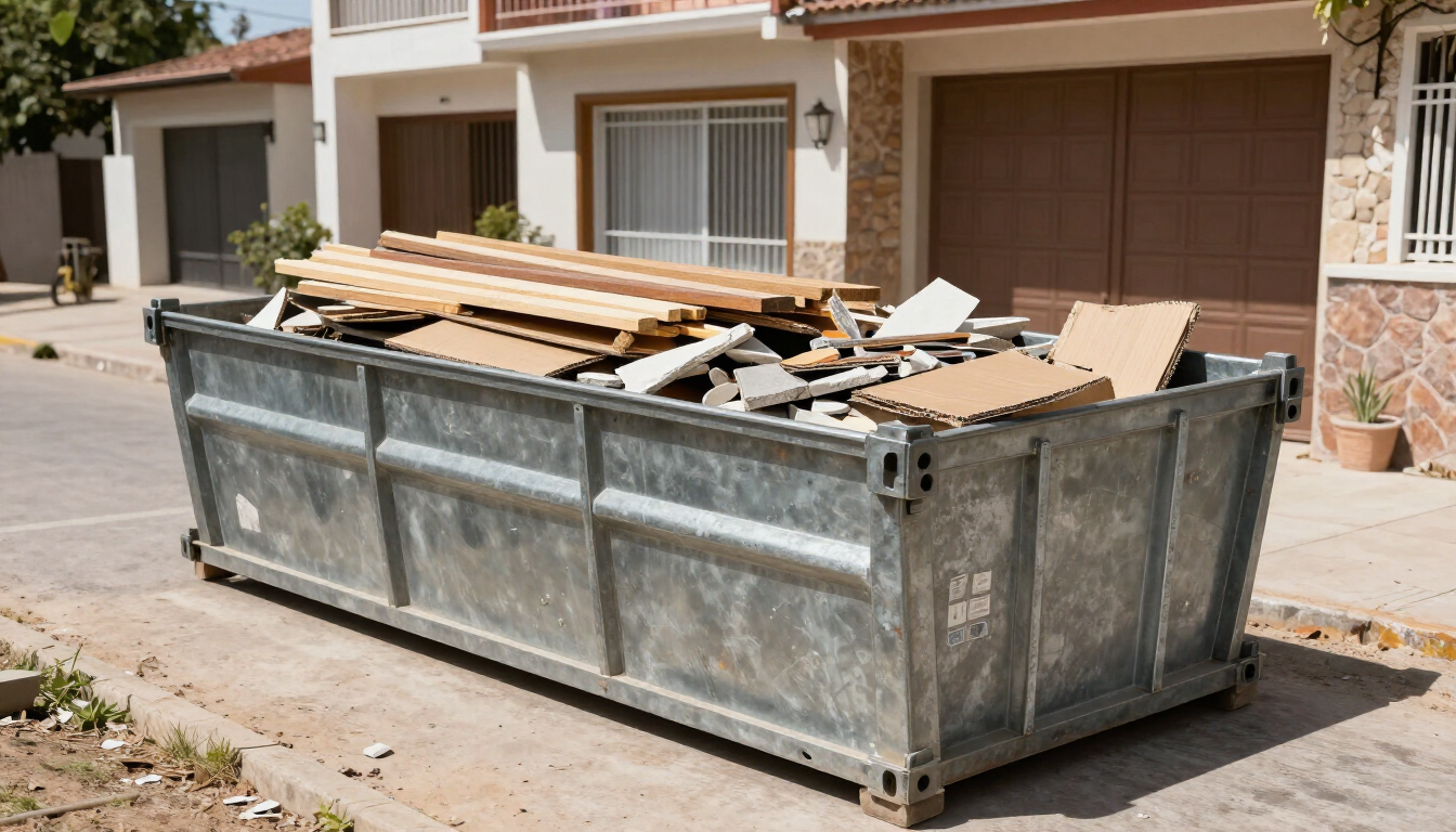 Contenedor metálico grande lleno de restos de madera frente a una casa de las afueras