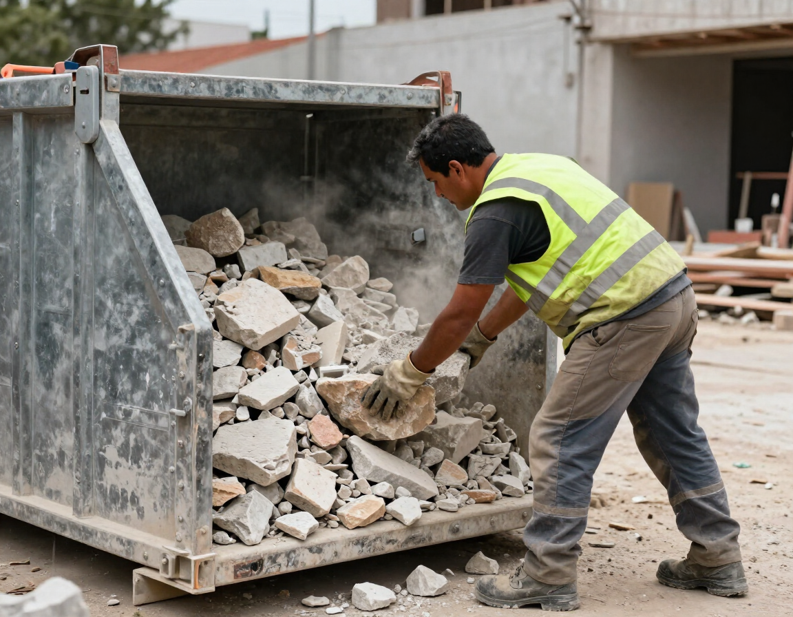 Un trabajador con un chaleco reflectante de neón echa escombros de hormigón en un contenedor en una obra.