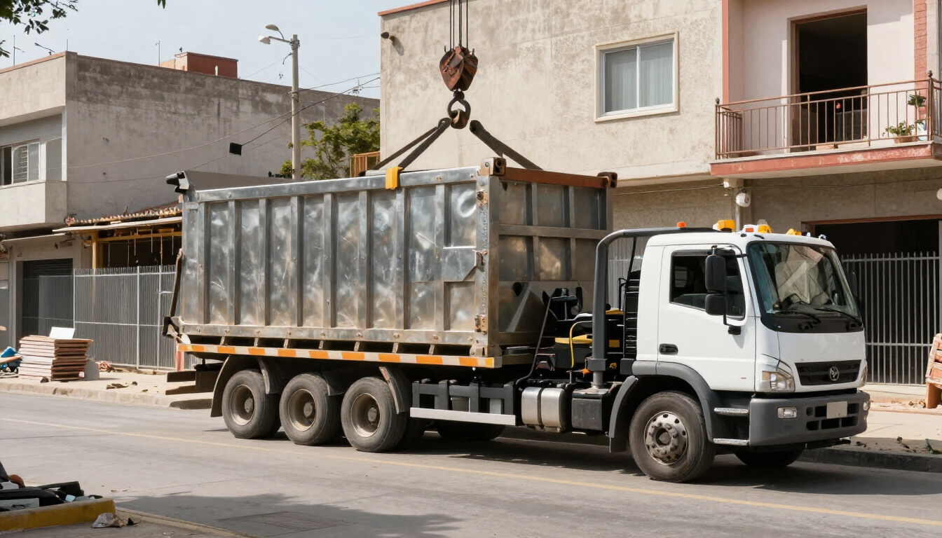 Un camión volquete cargando escombros en una calle de la ciudad, junto a edificios residenciales