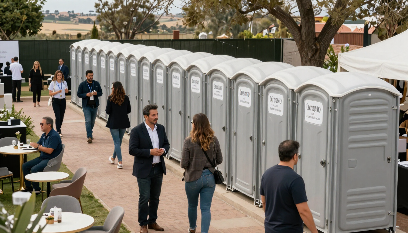 Personas caminando junto a una fila de baños portátiles grises al aire libre en un evento.