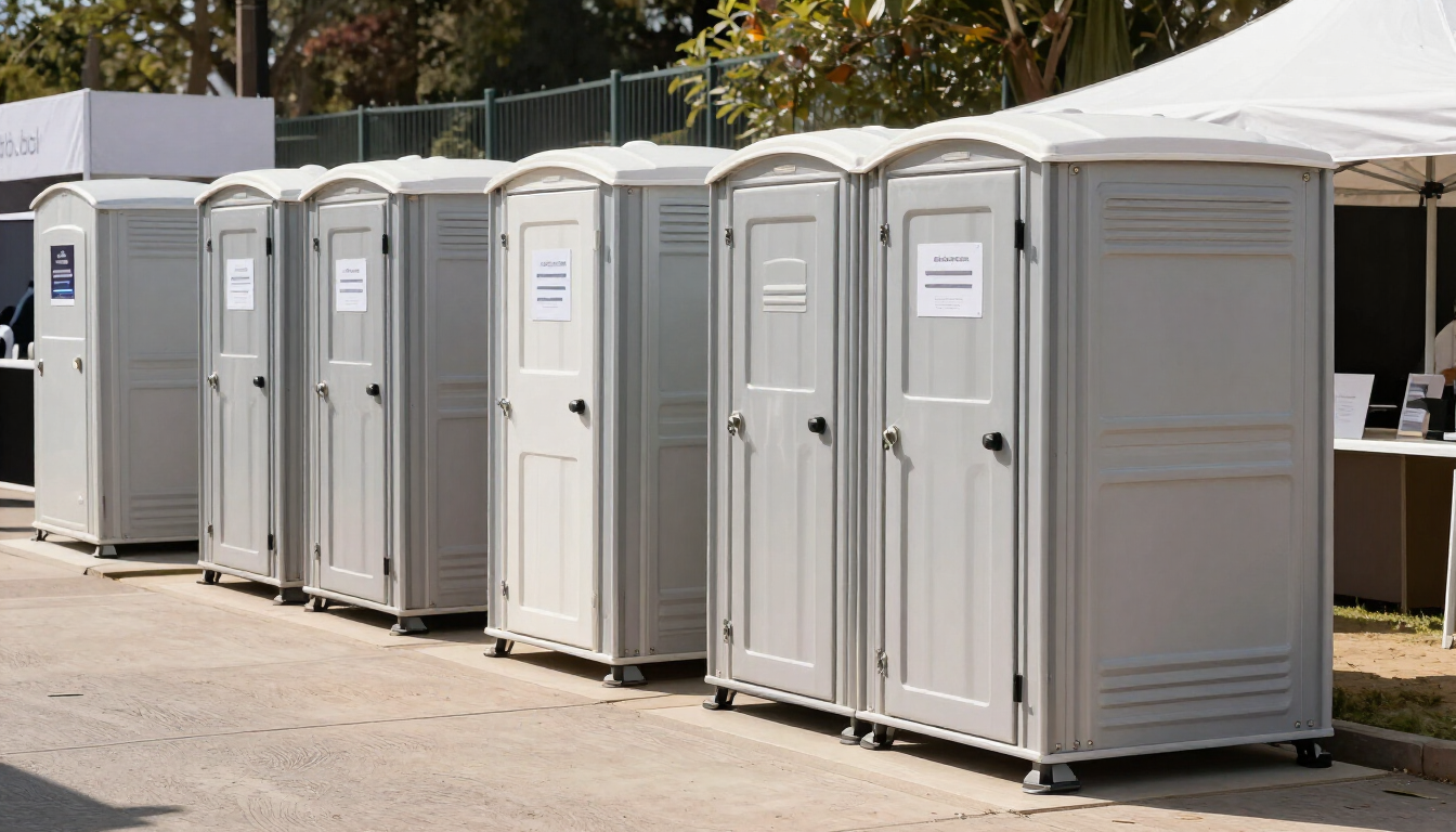 Fila de baños portátiles blancos colocados al aire libre, junto a una zona cubierta por carpas.