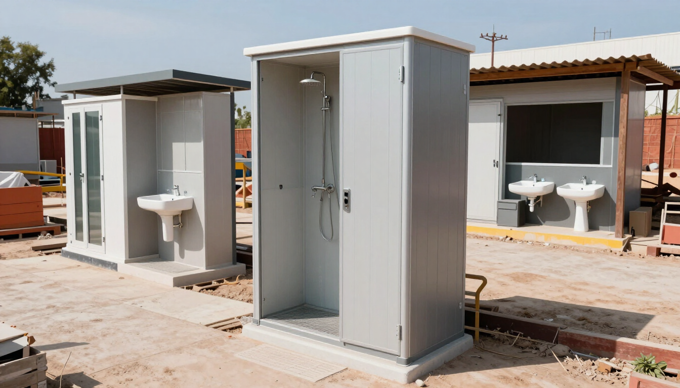 Cubículos de baño al aire libre en una obra, con unidades portátiles blancas y grises y lavamanos cerca