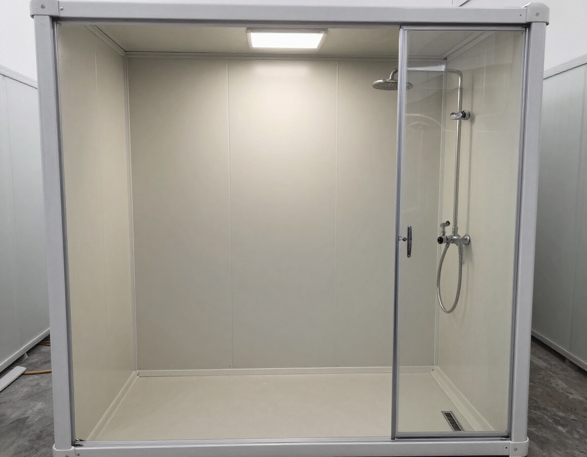 Cabina de ducha moderna y vacía, con puerta de vidrio y luces en el techo