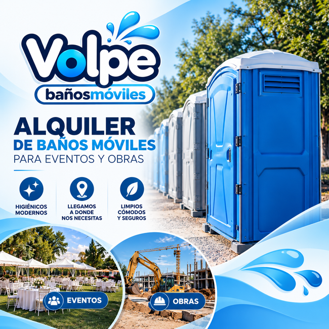 Anuncio de Volpe para baños portátiles para eventos y obras, con cabina azul y marca