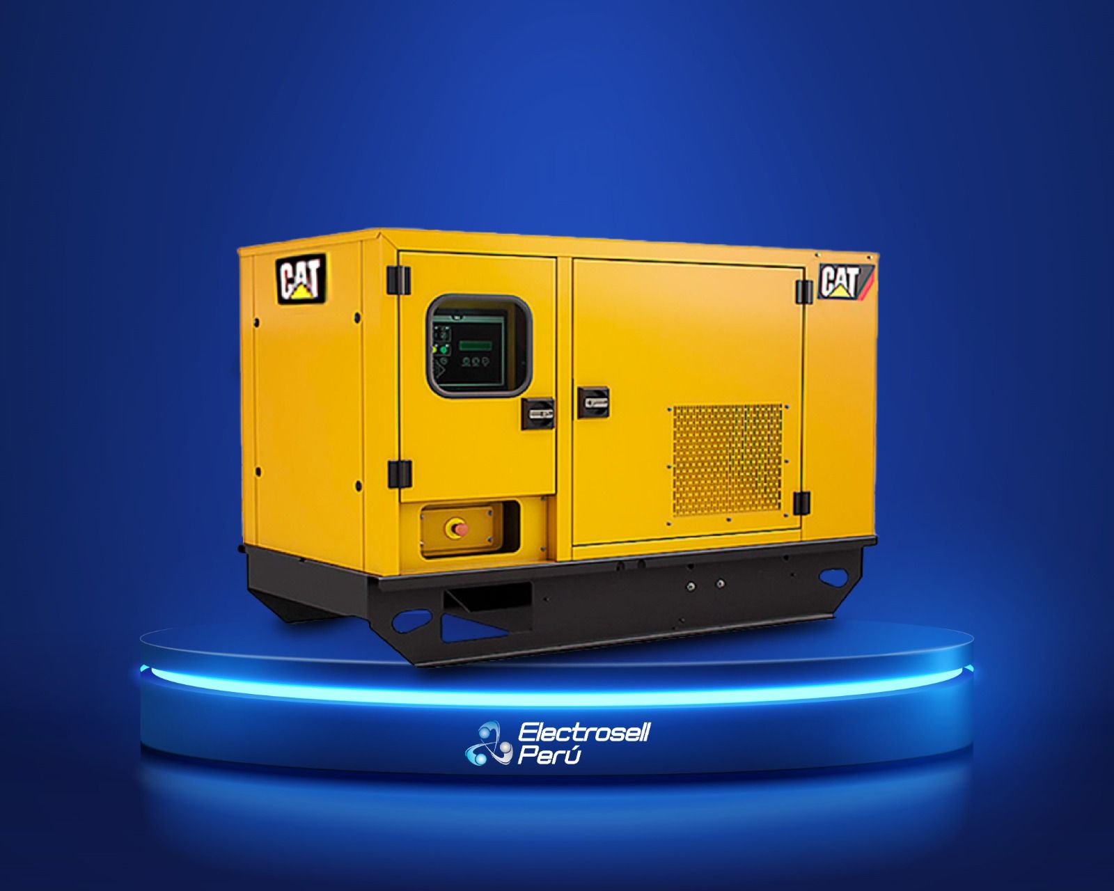 Generador industrial amarillo sobre un pedestal azul brillante, con un fondo azul oscuro
