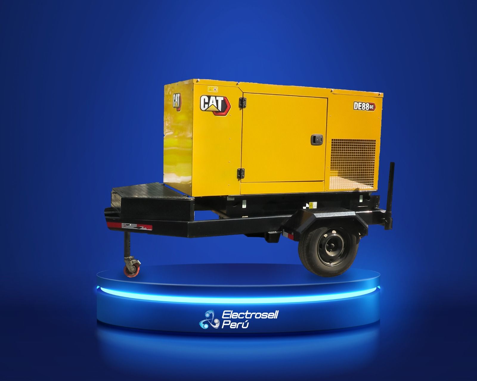 Generador portátil CAT amarillo sobre un remolque negro, expuesto sobre un pedestal Electrozel iluminado en azul.