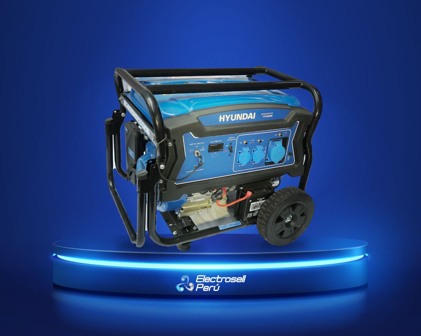Generador portátil azul sobre un pedestal iluminado, con un fondo azul.