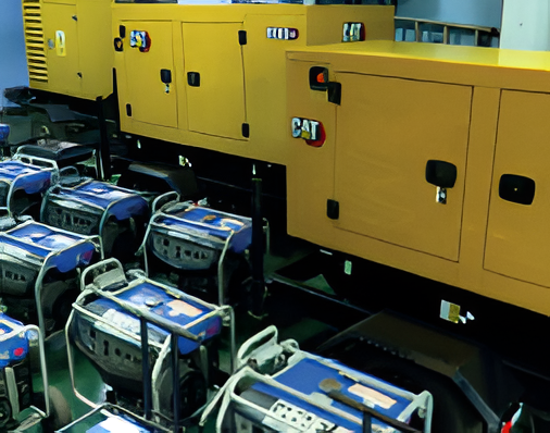 Filas de generadores azules junto a unidades industriales CAT amarillas en una sala de servicios