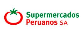 Logotipo de Supermercados Peruanos SA con un aro rojo y una hoja verde sobre un fondo blanco