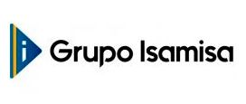 Logotipo de Grupo Isamisa con un icono triangular azul y amarillo y texto negro sobre fondo blanco
